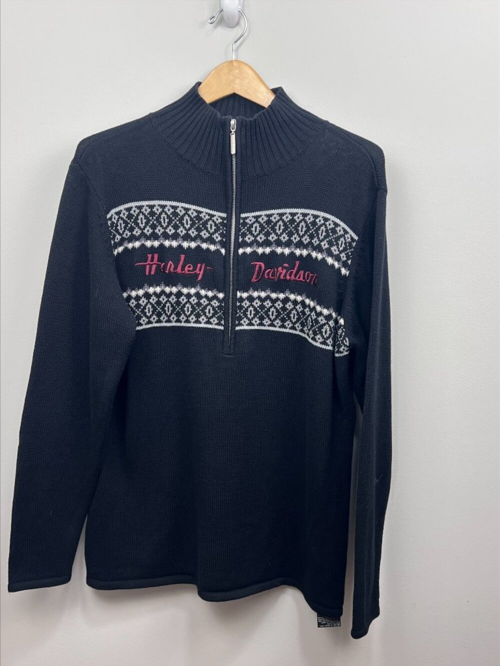 Harley-Davidson 2XL 1/4 Zip Knit Sweater Fair Isle Mock Neck Black Pink Women's